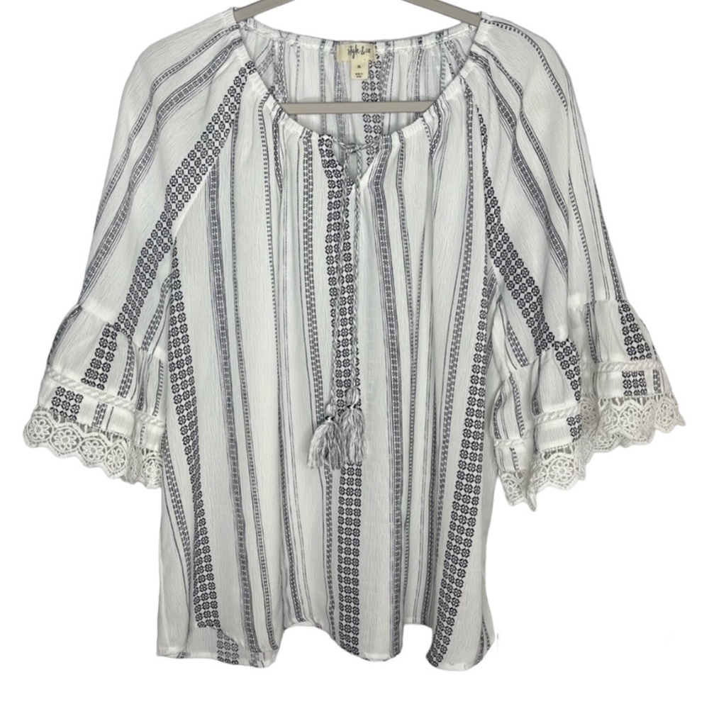 Style & Co Womens Top XL Black White Boho Blouse Bell Sleeves Crochet Tassels
